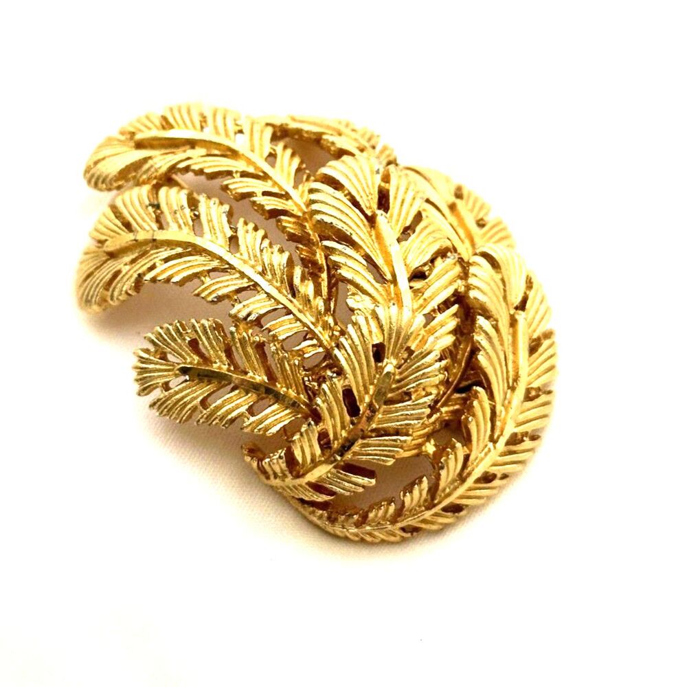 Capri Leaf Feather Gold Tone Brooch Botanical Bohemian